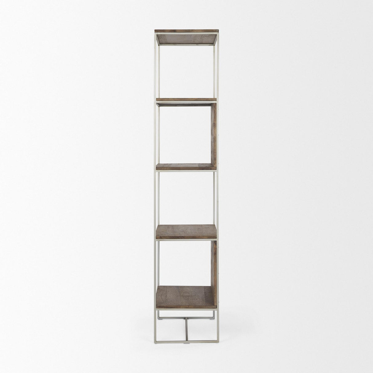 Mercana Morris II 19.75 x 15 x 72.5 Brown Wood and Silver Metal Frame 4 Shelf Shelving Unit