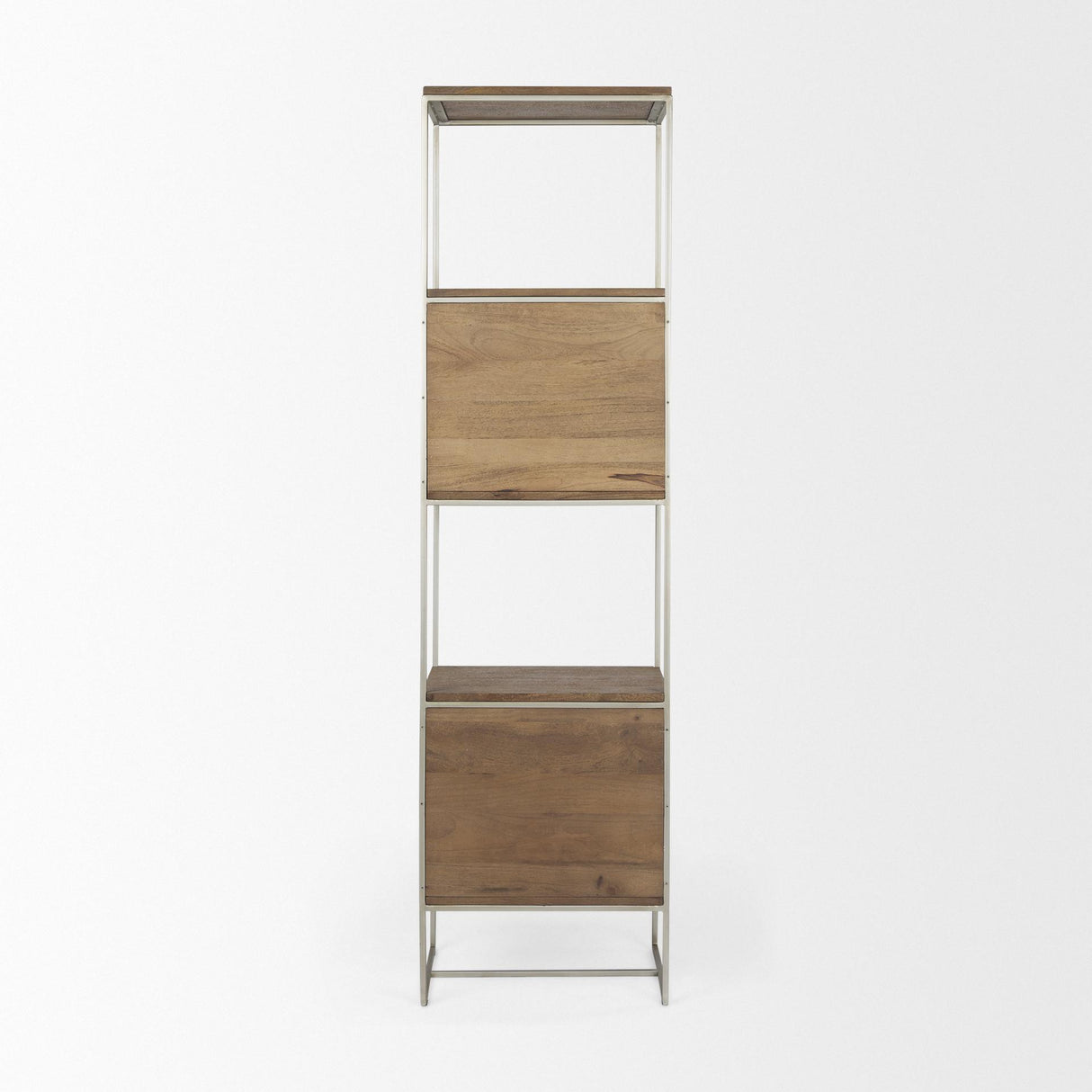 Mercana Morris II 19.75 x 15 x 72.5 Brown Wood and Silver Metal Frame 4 Shelf Shelving Unit