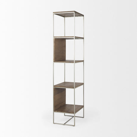 Mercana Morris II 19.75 x 15 x 72.5 Brown Wood and Silver Metal Frame 4 Shelf Shelving Unit