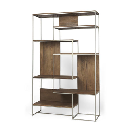 Mercana Morris III 47.25 X 15 X 75.5 Brown Wood and Silver Metal Frame 6 Shelf Shelving Unit