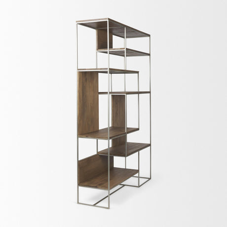Mercana Morris III 47.25 X 15 X 75.5 Brown Wood and Silver Metal Frame 6 Shelf Shelving Unit