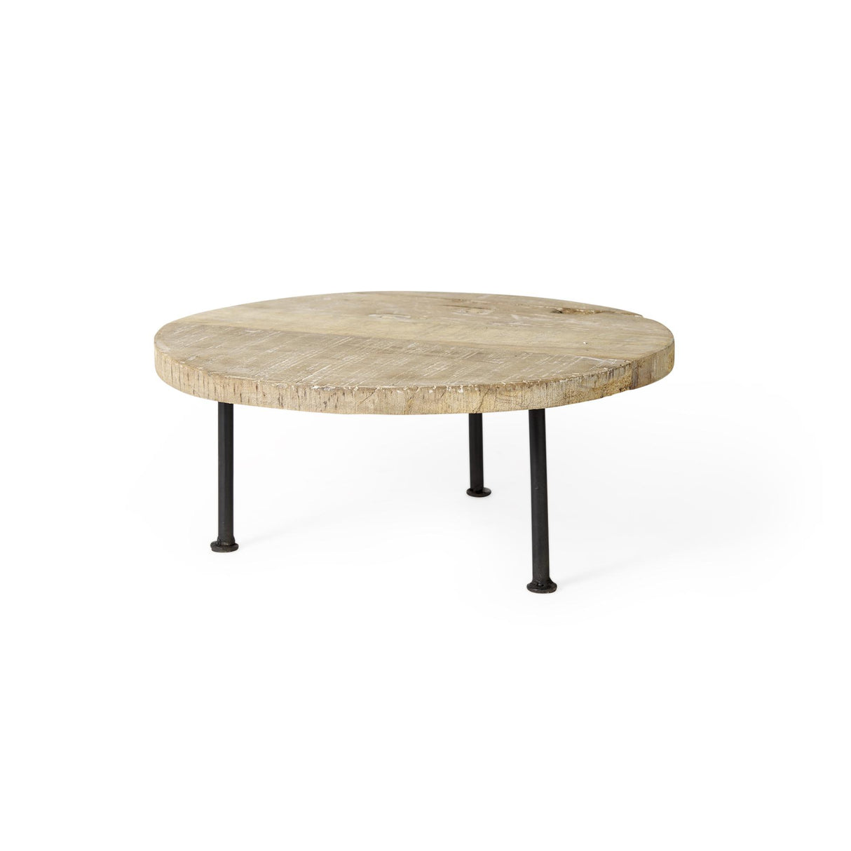 Mercana Cedric 15L x 15W x 6H Round Light Brown Wood w/ Black Metal Legs Decorative Display Stand