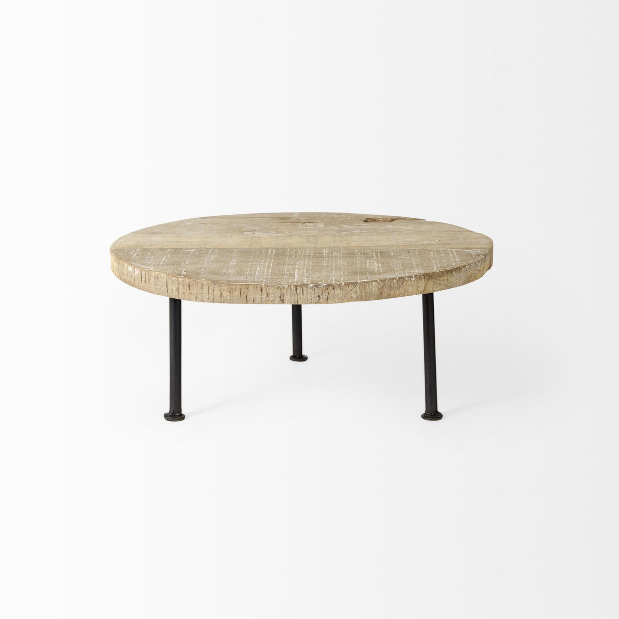 Mercana Cedric 15L x 15W x 6H Round Light Brown Wood w/ Black Metal Legs Decorative Display Stand