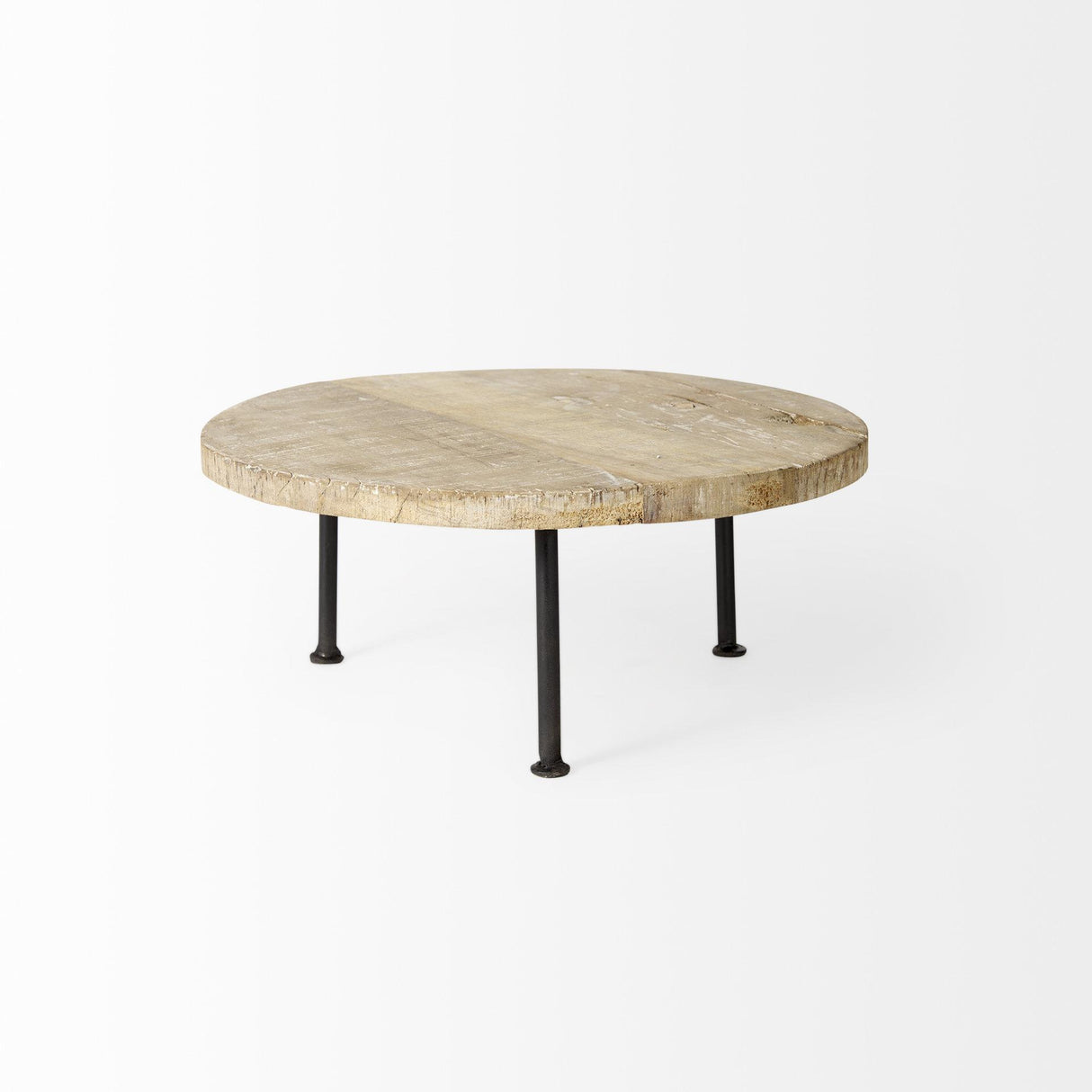 Mercana Cedric 15L x 15W x 6H Round Light Brown Wood w/ Black Metal Legs Decorative Display Stand