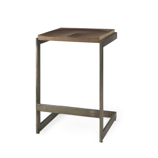 Mercana Kiran 17L x 17W x 26H Medium Brown Wood W/ Antique Nickel Finished Metal Frame Counter Stool