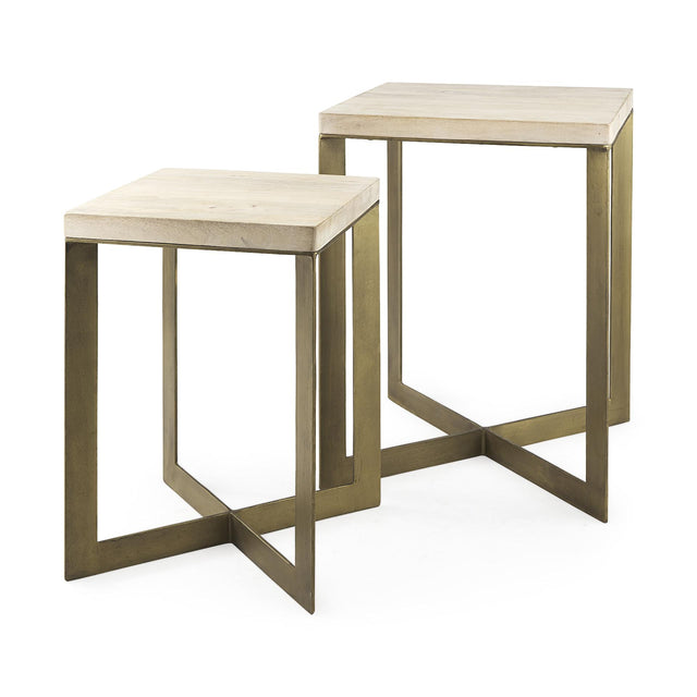 Mercana Faye (Set of 2) 19L x 19W x 26H Beige Finished Wood W/ Gold Metal Base Accent Tables