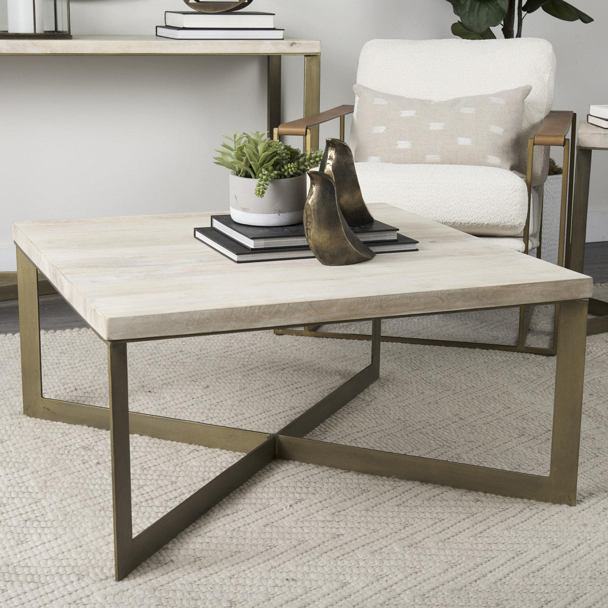 Mercana Faye 34L x 34W x 17H Beige Finished Wood W/Gold Metal Base Square Coffee Table