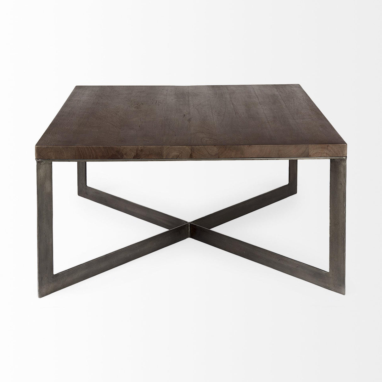 Mercana Faye 34L x 34W x 17H Medium Brown Wood W/Antique Nickel Metal Base Square Coffee Table