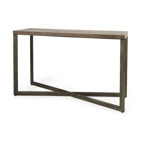 Mercana Faye 50L x 15W x 30H Medium Brown Wood W/Antique Nickel Metal Base Console Table