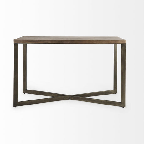 Mercana Faye 50L x 15W x 30H Medium Brown Wood W/Antique Nickel Metal Base Console Table