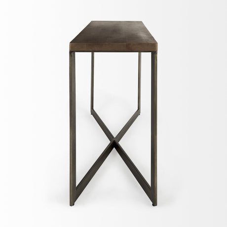 Mercana Faye 50L x 15W x 30H Medium Brown Wood W/Antique Nickel Metal Base Console Table