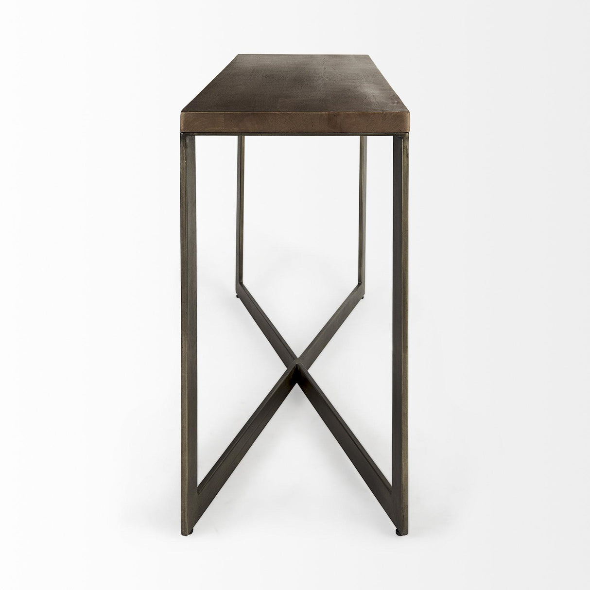 Mercana Faye 50L x 15W x 30H Medium Brown Wood W/Antique Nickel Metal Base Console Table