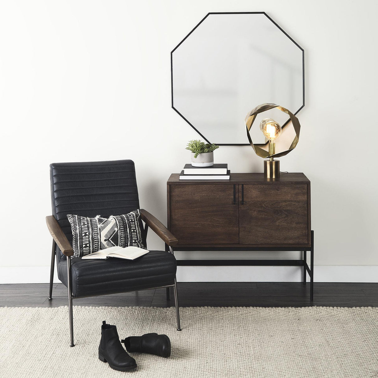 Mercana Glenn 38L x 16W x 30H Dark Brown Wood w/ Black Iron Frame, 2 Door Accent Cabinet