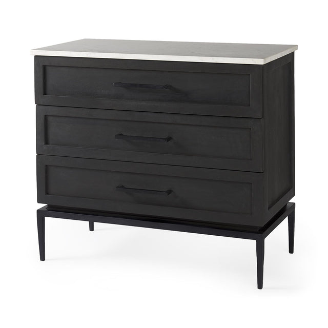 Mercana Divina Black-Brown Wood w/ White Marble Top and Black Metal Base Accent Cabinet