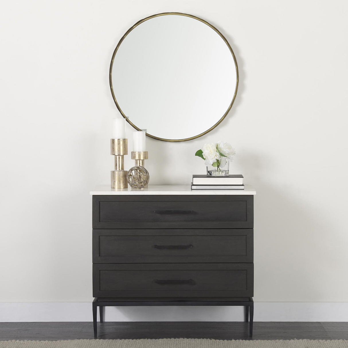 Mercana Divina Black-Brown Wood w/ White Marble Top and Black Metal Base Accent Cabinet