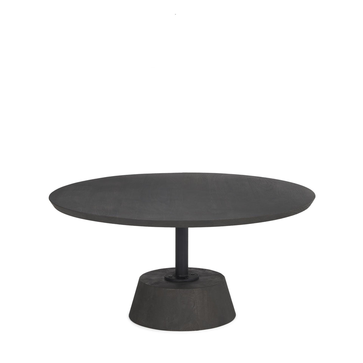 Mercana Maxwell 34L x 34W x 16H Dark Brown Wood W/ Black Metal Pedestal Base Round Coffee Table