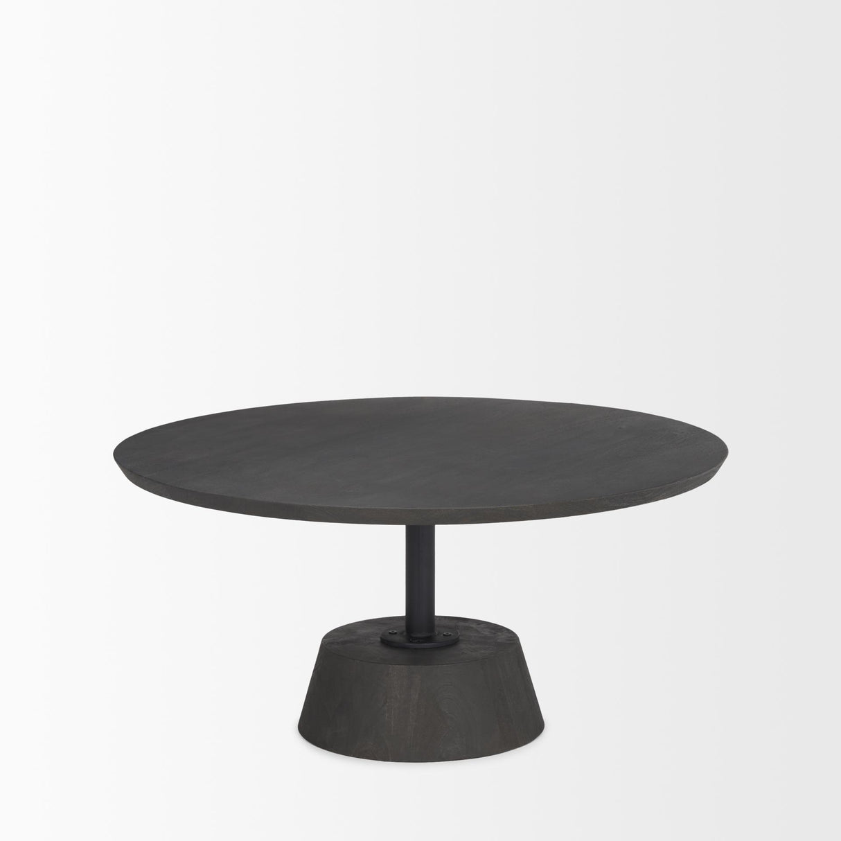 Mercana Maxwell 34L x 34W x 16H Dark Brown Wood W/ Black Metal Pedestal Base Round Coffee Table