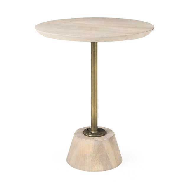 Mercana Maxwell 20" Round Light Brown Wood w/ Gold Metal Pedestal Side Table