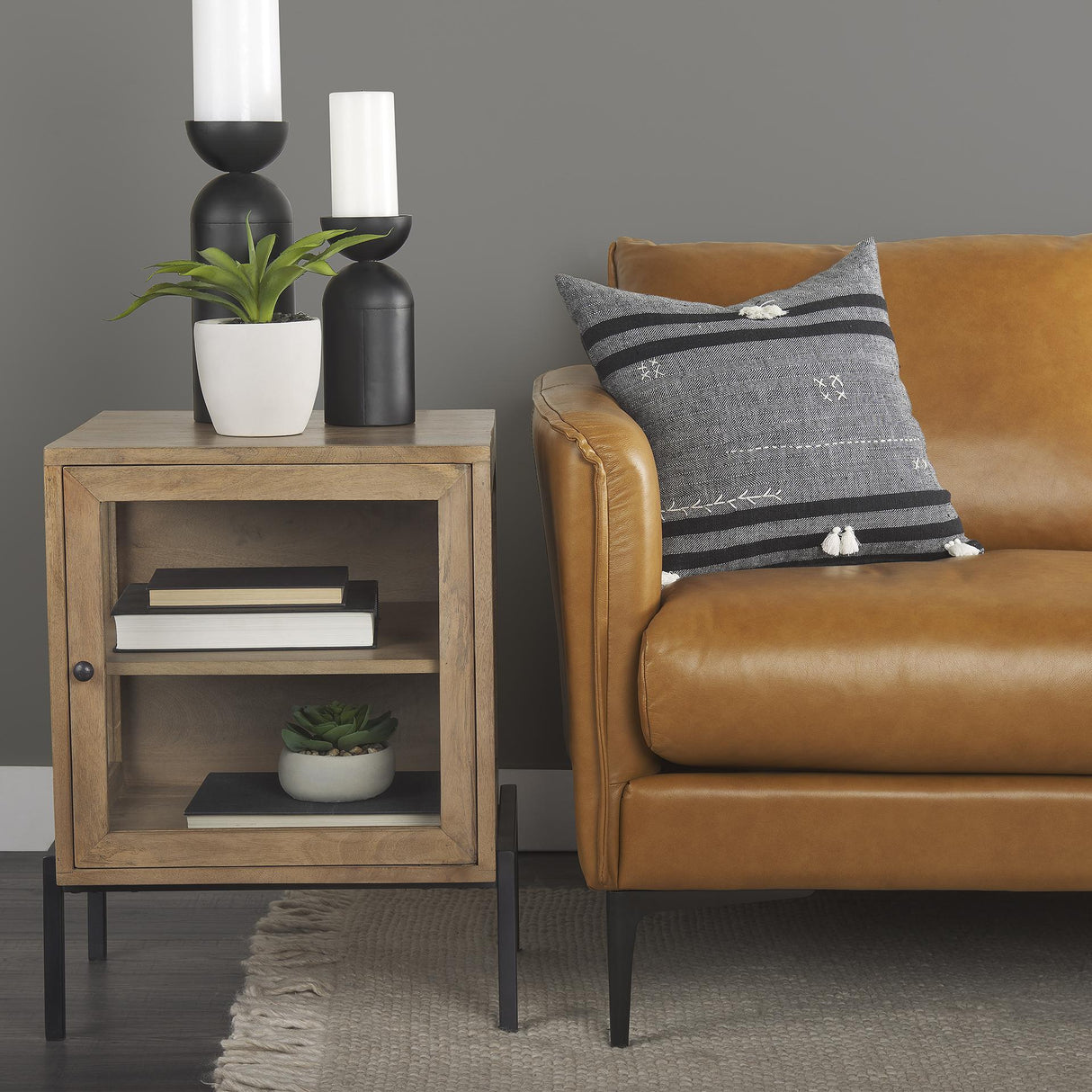 Mercana Arelius 20L x 18W x 26H Light Brown Wood W/ Black Metal Frame End/Side Table