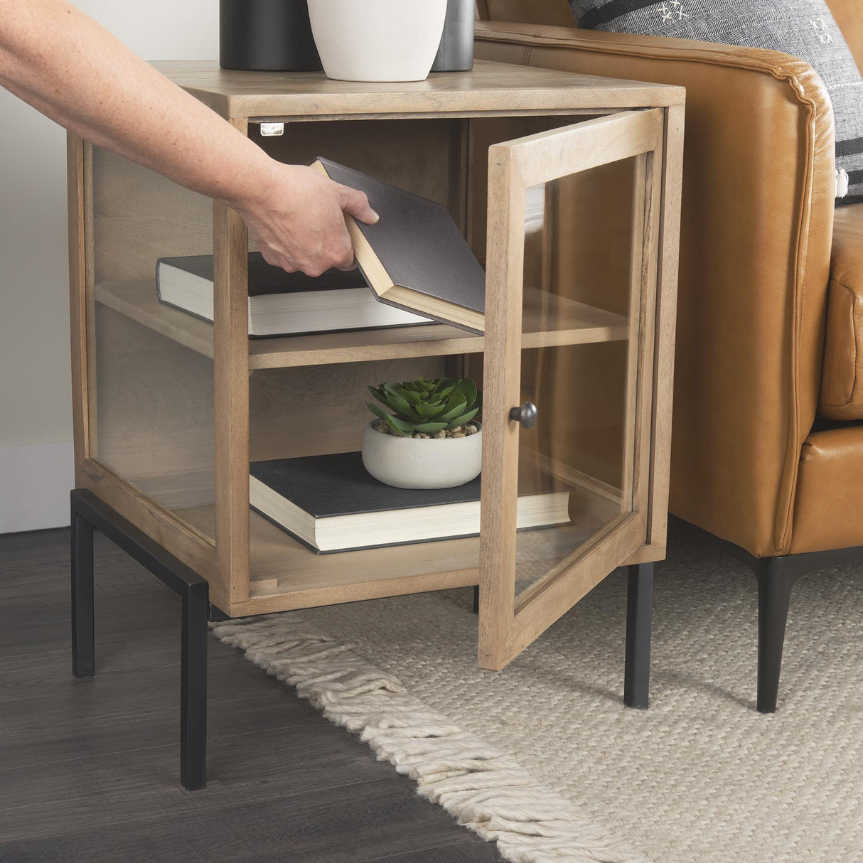 Mercana Arelius 20L x 18W x 26H Light Brown Wood W/ Black Metal Frame End/Side Table