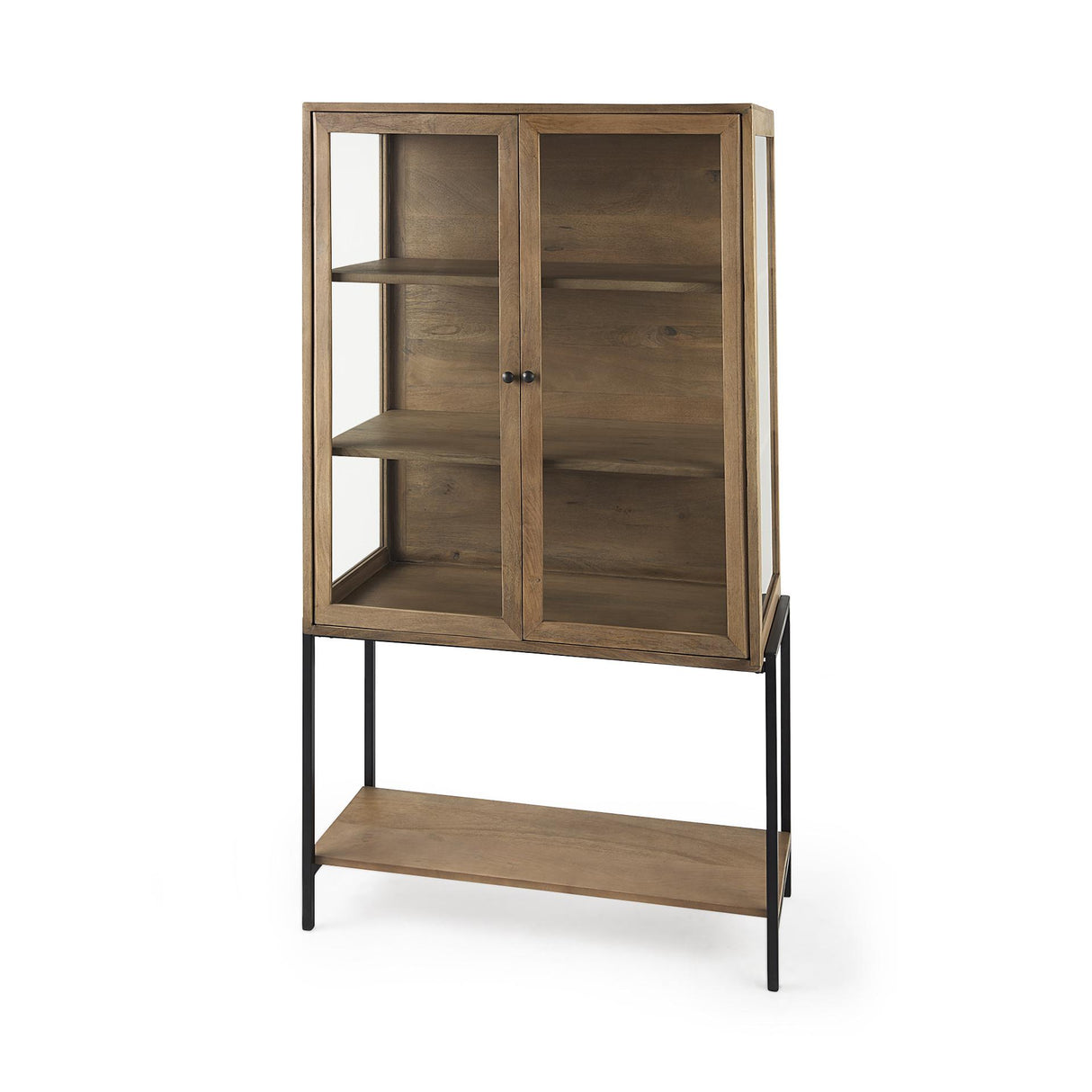 Mercana Arelius 36L x 18W x 63H Light Brown Wood W/ Black Metal Base Display Cabinet