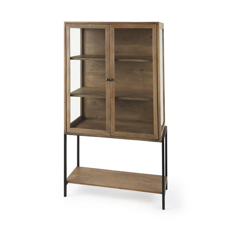 Mercana Arelius 36L x 18W x 63H Light Brown Wood W/ Black Metal Base Display Cabinet