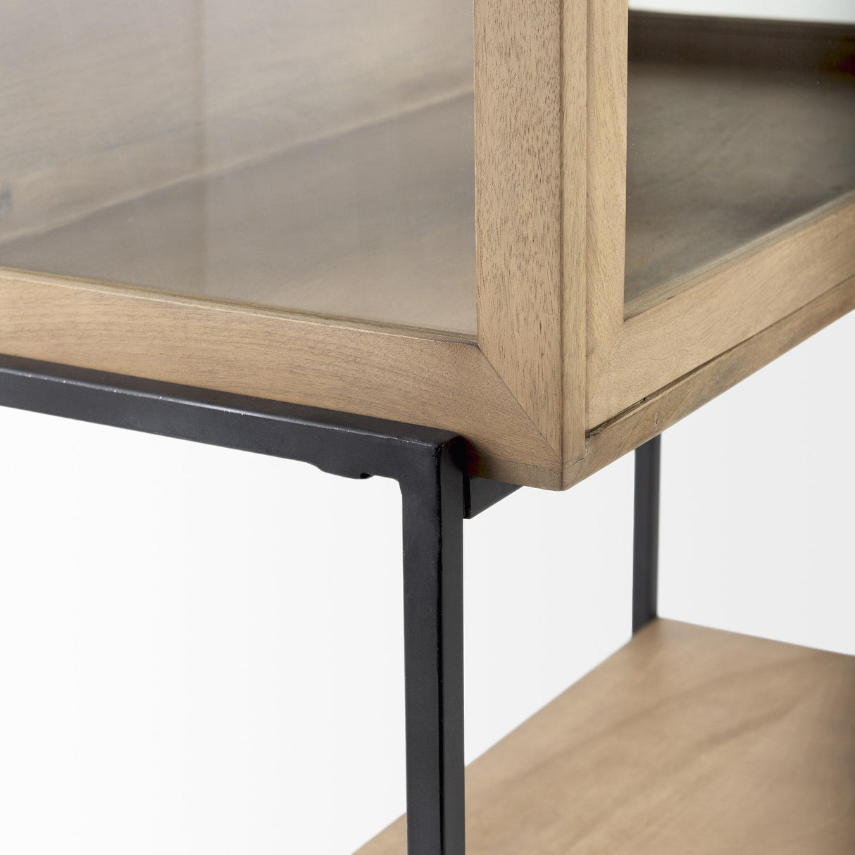 Mercana Arelius 36L x 18W x 63H Light Brown Wood W/ Black Metal Base Display Cabinet