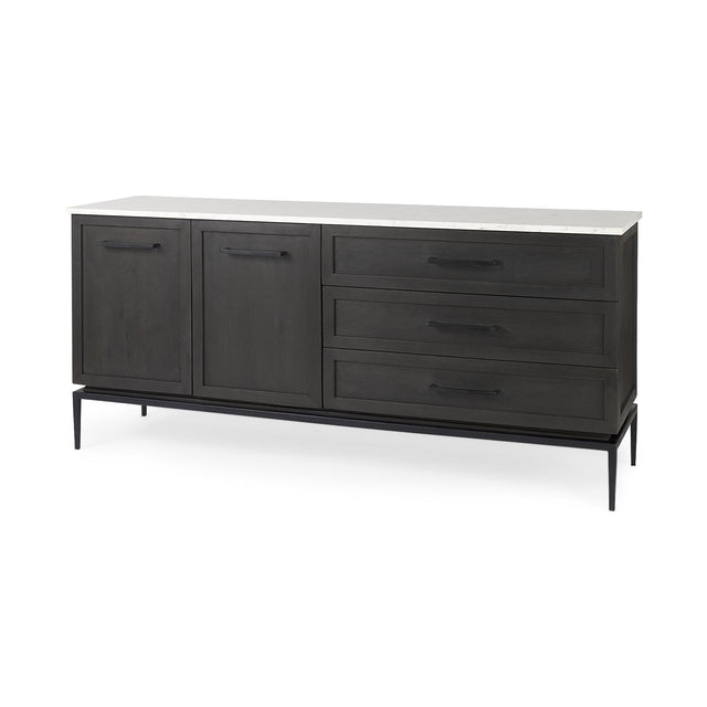 Mercana Divina Black-Brown Wood w/ White Marble Top and Black Metal Base Sideboard