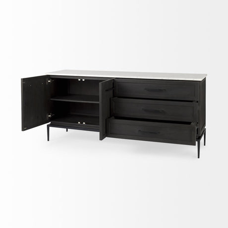 Mercana Divina Black-Brown Wood w/ White Marble Top and Black Metal Base Sideboard