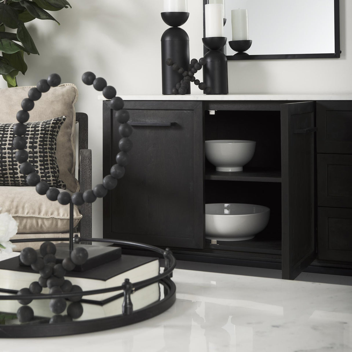 Mercana Divina Black-Brown Wood w/ White Marble Top and Black Metal Base Sideboard