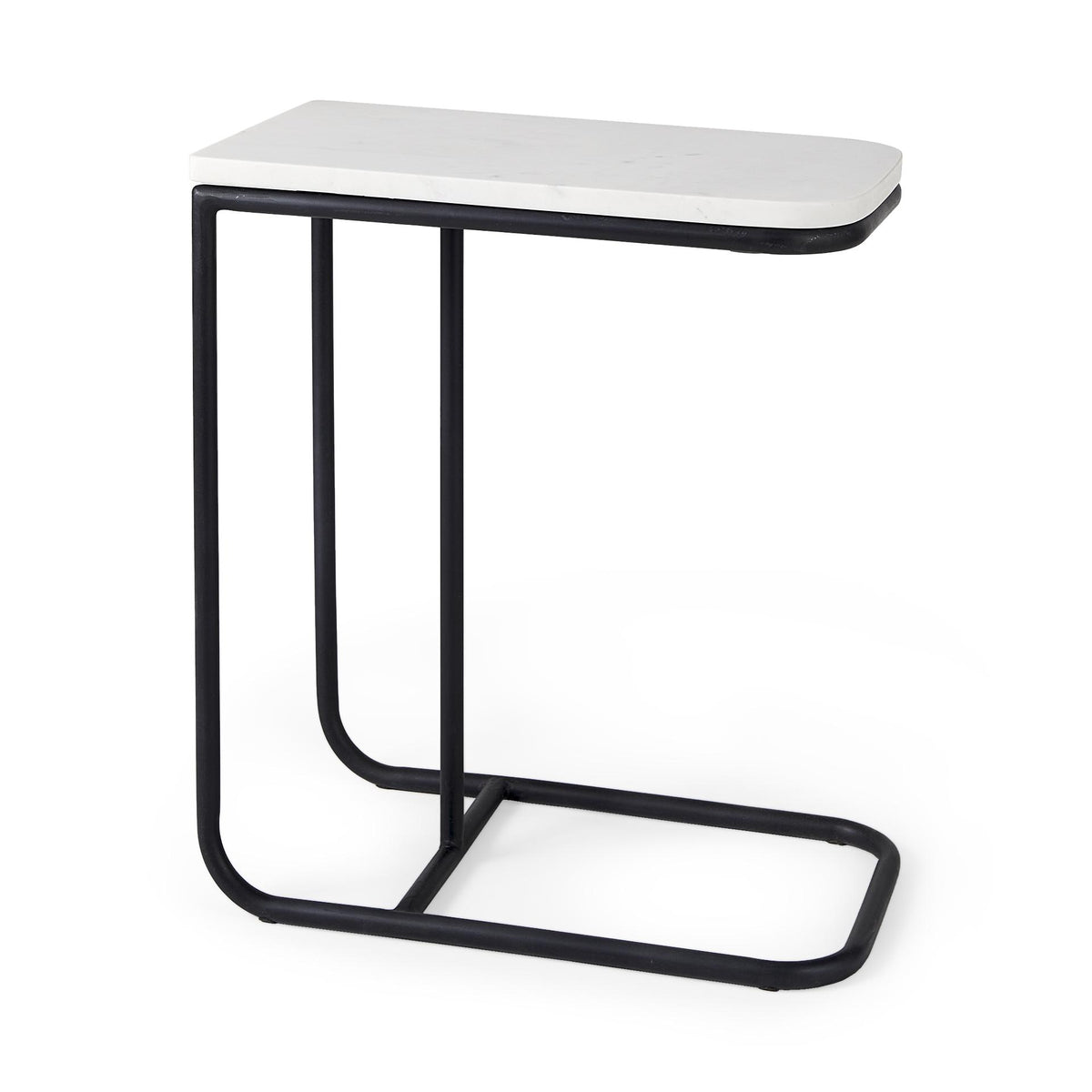 Mercana Kyra 12.0L x 20.0W x 23.0H White Marble Top W/Black Iron Frame C-Shaped End and Side Table