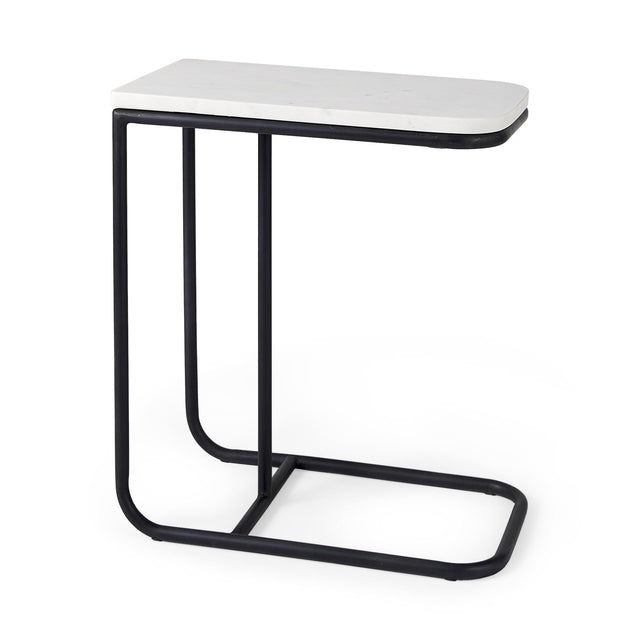 Mercana Kyra 12.0L x 20.0W x 23.0H White Marble Top W/Black Iron Frame C-Shaped End and Side Table
