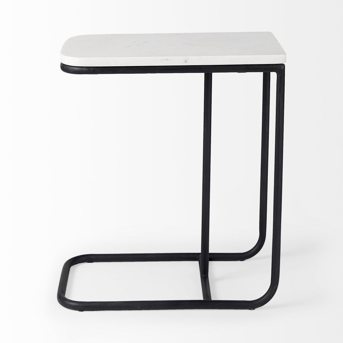 Mercana Kyra 12.0L x 20.0W x 23.0H White Marble Top W/Black Iron Frame C-Shaped End and Side Table