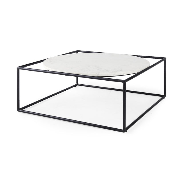 Mercana Austen 36L x 36W x 14.5H Round White Marble Top W/ Black Metal Frame Coffee Table
