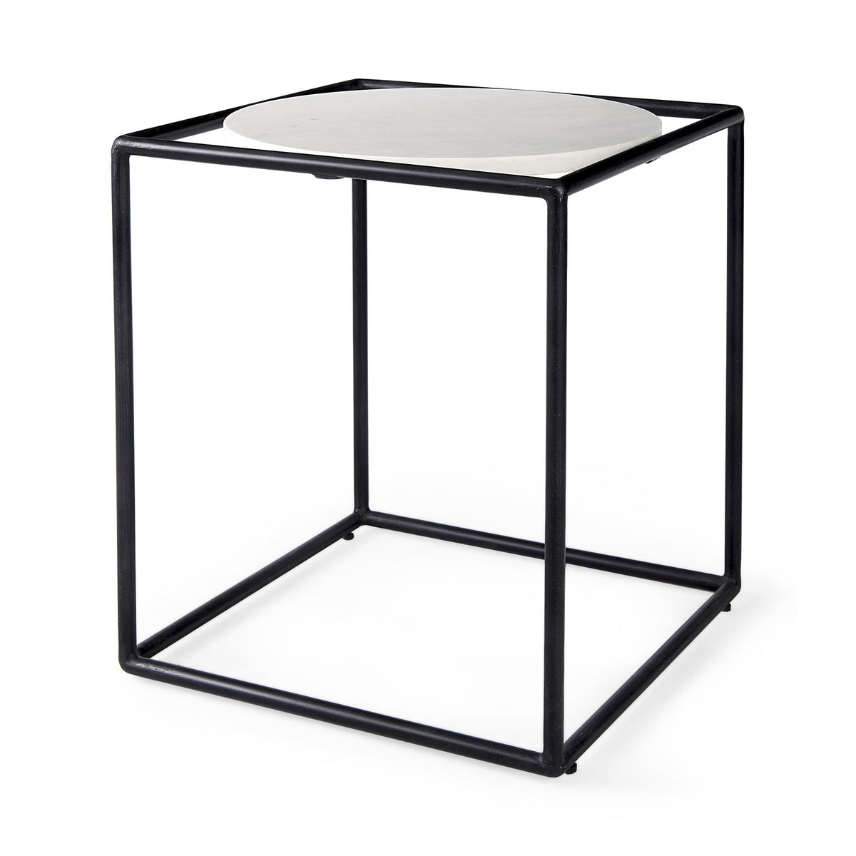 Mercana Austen 20L x 20W x 22H Round White Marble Top W/ Black Metal Frame Side Table