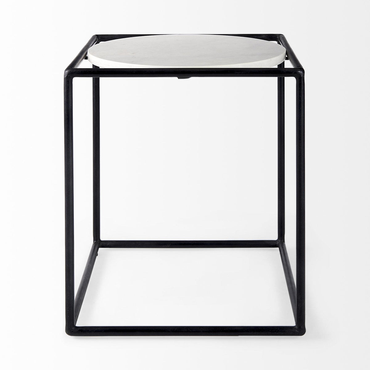 Mercana Austen 20L x 20W x 22H Round White Marble Top W/ Black Metal Frame Side Table