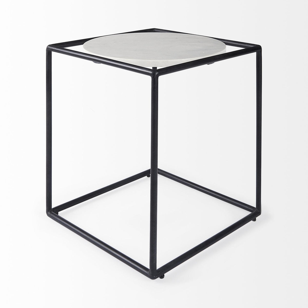 Mercana Austen 20L x 20W x 22H Round White Marble Top W/ Black Metal Frame Side Table