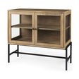 Mercana Arelius 36L x 18W x 32H Light Brown Wood, Black Metal Base w/ 2 Glass Doors Accent Cabinet