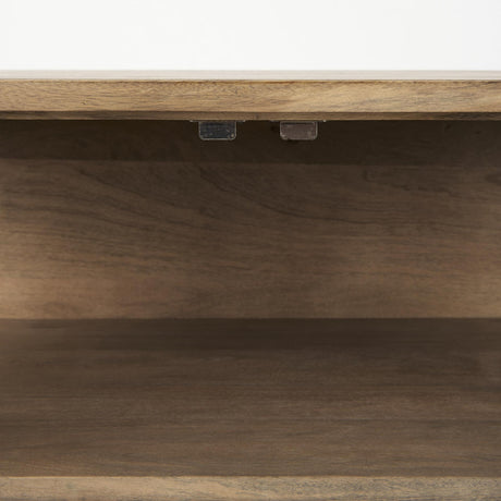 Mercana Arelius 36L x 18W x 32H Light Brown Wood, Black Metal Base w/ 2 Glass Doors Accent Cabinet