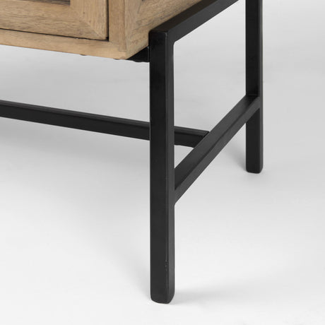 Mercana Arelius 36L x 18W x 32H Light Brown Wood, Black Metal Base w/ 2 Glass Doors Accent Cabinet