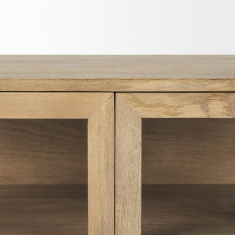 Mercana Arelius 36L x 18W x 32H Light Brown Wood, Black Metal Base w/ 2 Glass Doors Accent Cabinet