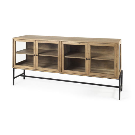 Mercana Arelius 70L x 18W x 32H Light Brown Wood, Black Metal Base w/ 4 Glass Cabinet Doors Sideboard