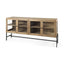 Mercana Arelius 70L x 18W x 32H Light Brown Wood, Black Metal Base w/ 4 Glass Cabinet Doors Sideboard