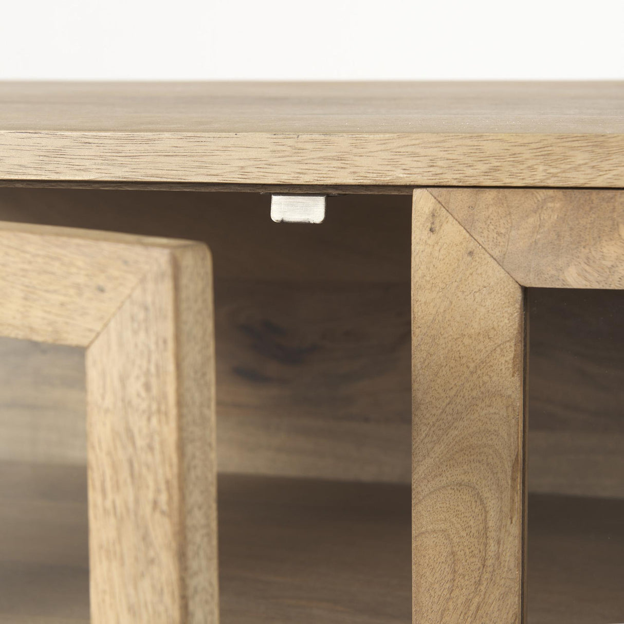 Mercana Arelius 70L x 18W x 32H Light Brown Wood, Black Metal Base w/ 4 Glass Cabinet Doors Sideboard