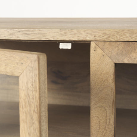 Mercana Arelius 70L x 18W x 32H Light Brown Wood, Black Metal Base w/ 4 Glass Cabinet Doors Sideboard