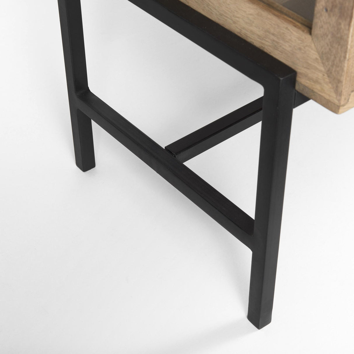 Mercana Arelius 70L x 18W x 32H Light Brown Wood, Black Metal Base w/ 4 Glass Cabinet Doors Sideboard