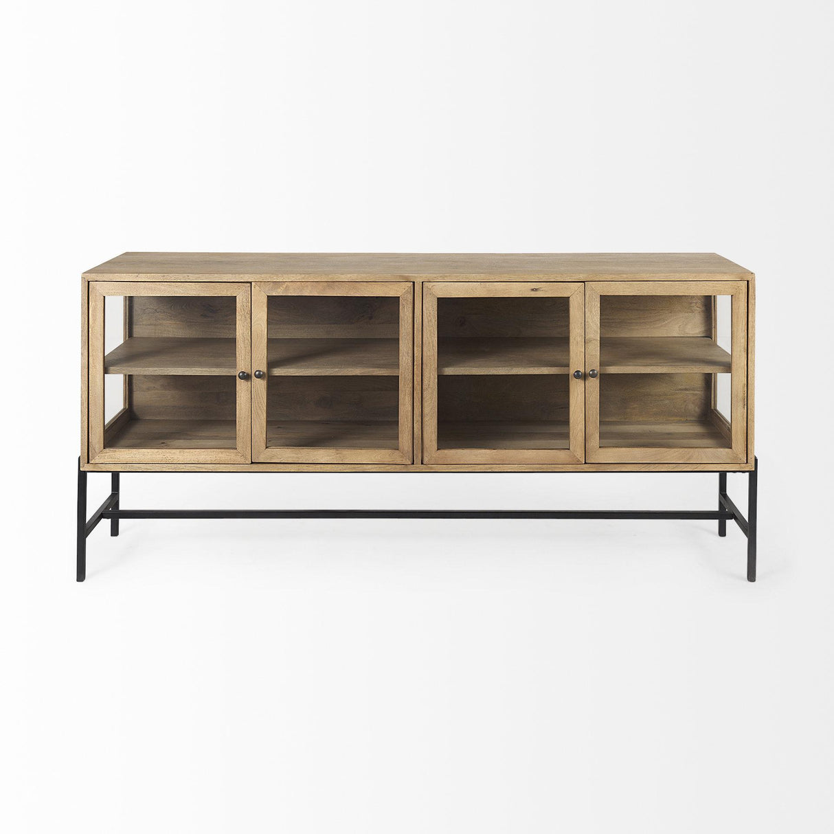 Mercana Arelius 70L x 18W x 32H Light Brown Wood, Black Metal Base w/ 4 Glass Cabinet Doors Sideboard