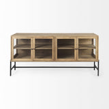 Mercana Arelius 70L x 18W x 32H Light Brown Wood, Black Metal Base w/ 4 Glass Cabinet Doors Sideboard