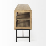 Mercana Arelius 70L x 18W x 32H Light Brown Wood, Black Metal Base w/ 4 Glass Cabinet Doors Sideboard