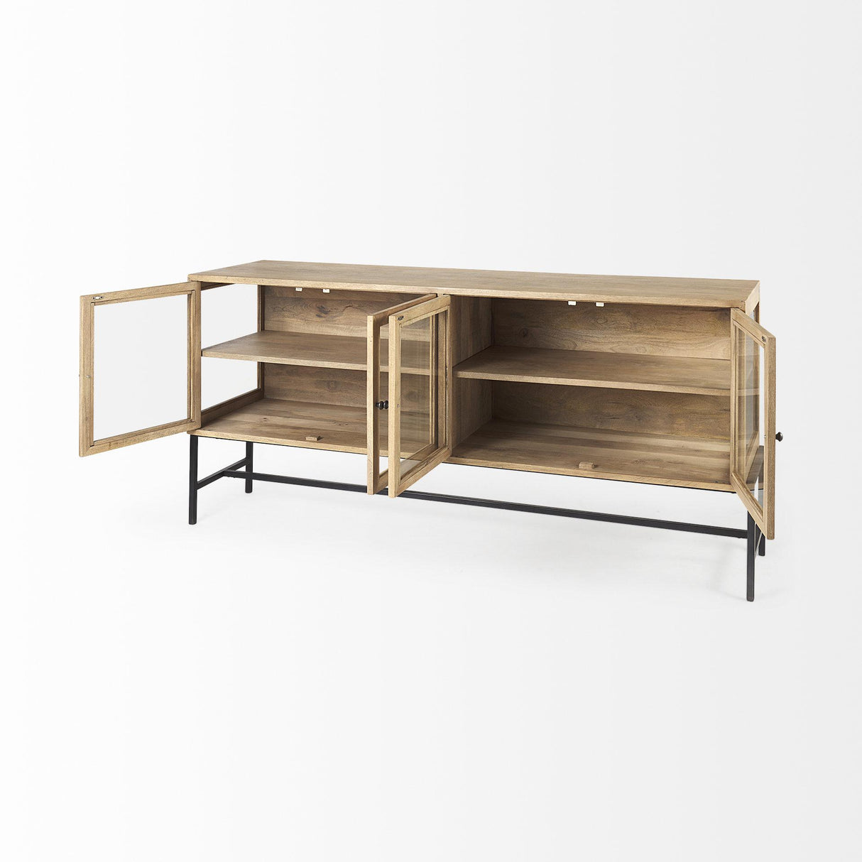 Mercana Arelius 70L x 18W x 32H Light Brown Wood, Black Metal Base w/ 4 Glass Cabinet Doors Sideboard